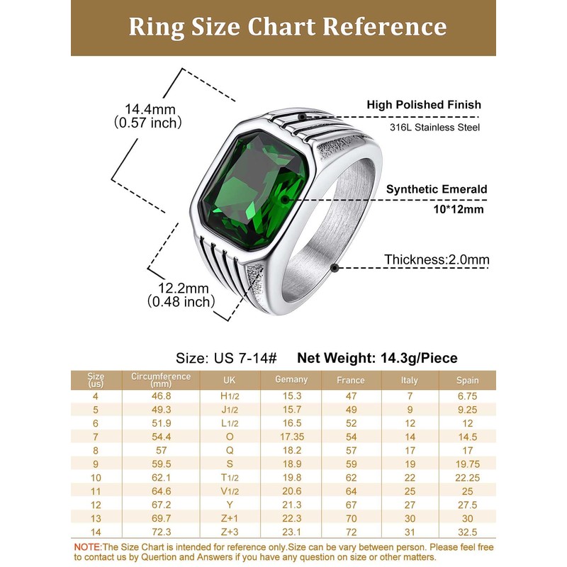 Bestyle Stainless Steel Rings for Men Boys - Classic Green