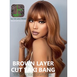 KLAIYI Brown Yaki Straight Lace Front Wig with Bangs Human Hair Chocolate Brown Layer Cut Glueless Bang Wigs for Women 4x2 HD Transparent Lace Part Chestnut Ginger Brown Kinky Wig Pre Plucked 18Inch
