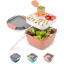 Bento Box Doppelschicht, Lunchbox mit Unterteilung Fächern Salatbox, Auslaufsicher BPA Frei Brotdose mit Besteck Brotzeitbox für Arbeit/Picknick, Brotbüchse Frühstücksbox Geeignet für Mikrowellen