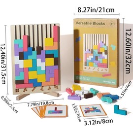 Wooden Stacking Puzzle Toy, Tetris Game with 10 Cards, Montessori Stacking Toys, Improve Color Recognition and Logic Abilities, Intelligence Geometric Builiding Toys for Kids