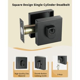 Matte Black Deadbolt Lock, Square Single Cylinder Modern Deadbolt Lock with Keys, Exterior Keyed Front Entry Door, Interior Swivel Knob, Zinc Alloy, Easy to Instal, for Home, Office, Apartment.