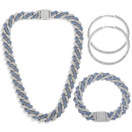 JUNVirtuous Cuban Link Chain for Women,3 Pieces Diamond Cuban Link Chain Necklace Bracelet Earrings Iced Out Chain Silver/Gold Bling Hip Hop Jewelry for Women(18 Inch, Blue)