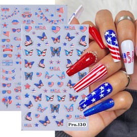 4th of July Nail Art Stickers Decals 5D Embossed Patriotic Nail Decals 4PCS UAS Flag Butterfly Statue of Liberty Independence Day Nails Design Adhesive Sticker Supply for Manicure Nail Art Decorations
