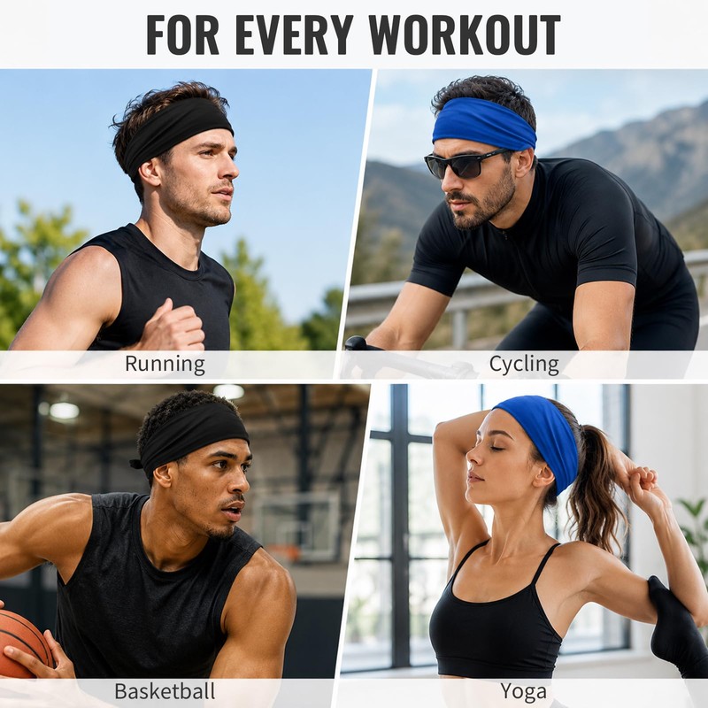 2 Pack Running Headbands Men,Wide Head Sweatband Sweat Bands(Black)