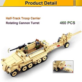 Military Army WWII Half Truck Troop Carrier with Cannon Toy Vehicle Building Kit Army Series Building Blocks Set with 3 Soldier Figures Best Role Play STEM Construction Toys Boys Girls (460 Pieces)