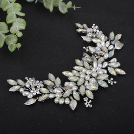 Teyglen Opal Rhinestone Wedding Headband Bridal Crystal Pearl Headband Hair Vine Silver Leaf Flower Headpiece for Bride Hair Accessories for Women Girls (Silver)