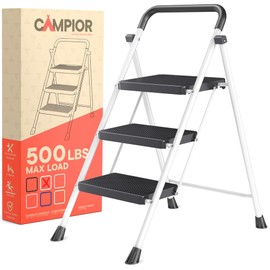 White 3 Step Stool Foldable – Heavy-Duty Foldable Step Stool for Adults, 500 lbs Capacity, Anti-Slip Feet & Wide Steps, Sturdy Steel Frame, Lightweight & Space-Saving Design for Home, Kitchen & Garage
