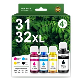 31 32XL Ink Bottle Set Refill Replacement for HP 32XL Black Ink Bottle Compatible with HP Smart Tank 5000 7301 651 7001 7602 6001 551 5101 7300 5102 7302 7601 6002 5103 755 757 Printer, Black CMY