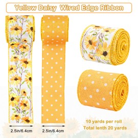 Generic AnyDesign Daisy Dots Wired Edge Ribbon Yellow White Craft Ribbon Spring Summer Flower Fabric Ribbon for Wreath Bow Making DIY Crafts Wrapping Party Decor Supplies, 2 Rolls, 20 Yard