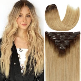 Caliee 14Inch Clip in Human Hair Extensions R4-18 Ombre Chocolate Brown with Dirty Blonde Silky Double Weft Lace Clip in Hair Invisible Natural Straight Hair Extensions 120G 7PCS