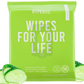HyperGo XL Body Wipes for Women & Men – 12" x12" Rinse-Free Full Body Cleansing Wipes 20 Count Pack - Cucumber | Biodegradable, Hypoallergenic, Aloe-Infused | Gym, Festival, Camping Essentials