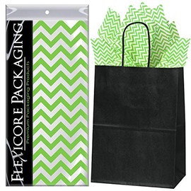 Flexicore Packaging Black Kraft Paper Gift Bags & Lime Green Gift Wrap Tissue Paper | Size: 8 Inch X 4.75 Inch X 10.5 Inch | Count: 50 Bags | Color: Lime Green Chevron