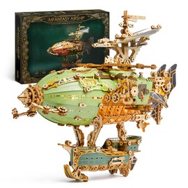 FUNPOLA 3D Puzzle, Wooden Puzzle, Fantasy Airship, Steampunk DIY Craft Kit, Assembly Kit, Educational Toy with LED Light, for Adults and Children, Complex Model Making Set, Green, 648PCS