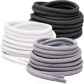 Miscly 3 Pairs - Round Tear-Resistant Shoelaces for Sports Shoes, Trainers and Boots, Diameter 4 mm, Black / White / Grey