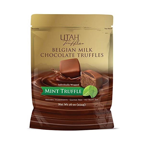 Utah Truffles Belgian Milk Chocolate Mint Individually Wrapped Pouch, Naturally Gluten Free, Gourmet Smooth Creamy Natural Truffle, 16 oz, Approx. 32 pc