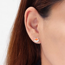 Boma Jewelry Sterling Silver Fox Stud Earrings with Hand Painted Orange Enamel