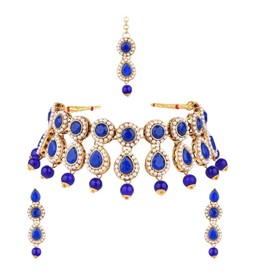 Efulgenz Indian Jewelry Choker Kundan Crystal Necklace Earrings Maang Tikka Head Chain Bollywood Wedding Bridal Set (Blue)