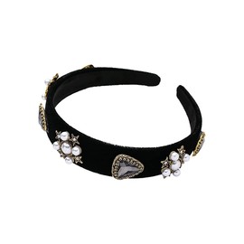 Leadigol Black Baroque Pearl Headband, Pearl Rhinestones Hairband Vintage Gemstone Pearl Velvet Head Hoop Headwear Hair Jewelry for Women Girl