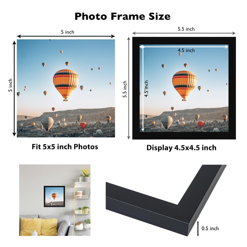 5x5 Picture Frame Set of 6 Black for Wall Hanging
