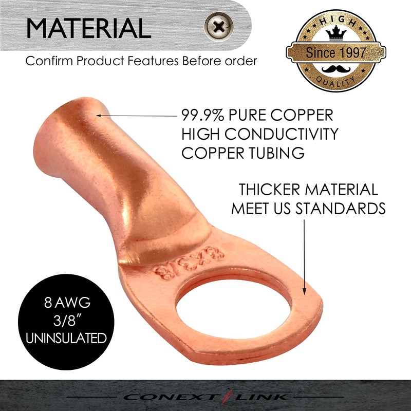 Conext Link 25pcs 8 AWG 3/8" Copper Wire Ring Terminal