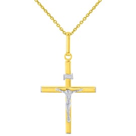 Jewelry America 14K Two-Tone Gold Slender Cross INRI Jesus Crucifix Charm Pendant Necklace, 16"
