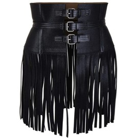 Lishow Fashion Woman's Genuine Black Leather Fringe Obi Sash Wrap Plus Size Corset Waist Cincher,s Wide Leather Belt, Black, L(31-32'Waist)