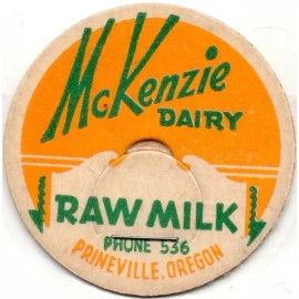 Milk Bottle Cap - McKenzie Dairy - Prineville, OR (Oregon) - PHONE 536 -RAW MILK