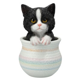 Figuren Shop GmbH Cat Figurine Flower Pot - Decorative Cat Black and White Animal Figurine, 15.5 cm