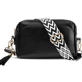 ferlord Women's Leather Shoulder Bag, Bum Bag, Women's Stylish Crossbody Bag with 3 Compartments, Small Modern Handbag, Women's Shoulder Bag with Wide Shoulder Strap, Elegant, Black (black-B)