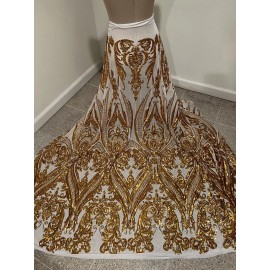 wowfabric4less123 Gold White 4way stretch sequin Lace fabric 50” Width Sold By The Yard