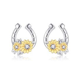 ONEFINITY Horseshoe Earrings 925 Sterling Silver Sunflower Horseshoe Studs Jewelry for Women Girls