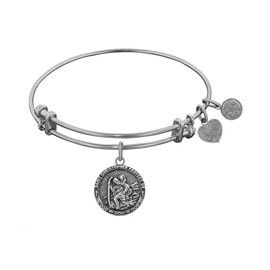 White Finish Brass Saint Christopher Adjustable Bangle Bracelet, 7.25"