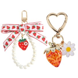 Calkkrer Strawberry Keychains, Cute Bag Charm with Heart, Flower, Pearl and Bow, Bag Charm, Keychain, Aesthetic Accessory, Pack of 2, multicoloured, L