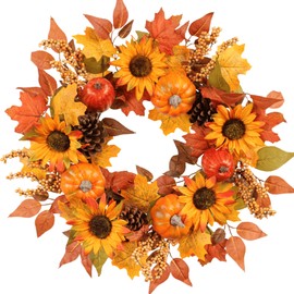 Pudate 22 Inch Fall Wreath for Front Door with Sunflowers Pumpkins Pinecones and Berries, Artificial Autumn Harvest Wreath for Thanksgiving Holiday Farmhouse Home Decor Indoor Outdoor