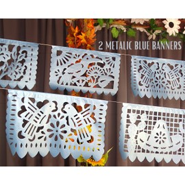 Blue Banner (Shimmer Blue) - Metallic Blue Papel picado Banners - Blue Fiesta Party Decor - 2pack/12ft Long Each