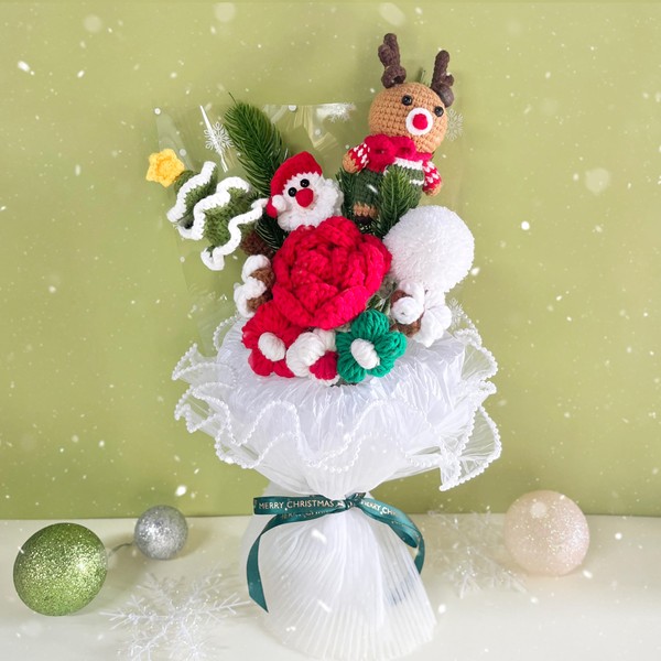 JOMODECOR Handmade Unwitherable Flowers Christmas Present "Santa-Elk-Christmas Tree-Hair-Puff -Rose-Cotton" Crochet Flower Bouquet Artificial Yarn Bouquet Decor Crochet Flowers Knitted Festive Fashion
