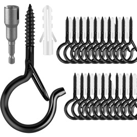 Pack of 24 Screw Hooks, Black, Small Screw Hooks, Stainless Steel, Screw Hooks with Safety for Plant Baskets, Bird Feeders, Wind Chimes, Fairy Lights, Includes 1 Wing Nut Driver