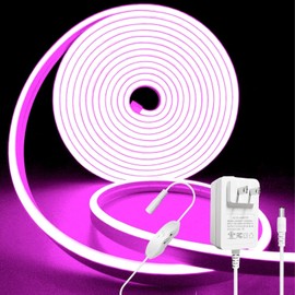 ShineBurky Neon Rope Light Pink,12V 16.4ft 600LEDs Dimmable Led Strip Lights, IP65 Waterproof 360°-Flexible Silicone Neon Strip Lights for Indoor Outdoor with Power Adapter and Dimmer Switch