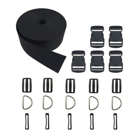 Vtete 2 Inch 5 Yards Black Nylon Heavy Webbing Strap + 5 PCS 2" Flat Side Release Buckles, D Rings and Tri-Glide Slides - Plastic Buckles Kit for DIY Pet Collar, Luggage Straps and Backpack Repairin