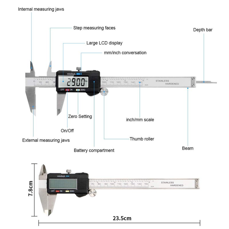 Caliper Measuring Tool, Qfun Vernier Digital Caliper Stainless Steel 6