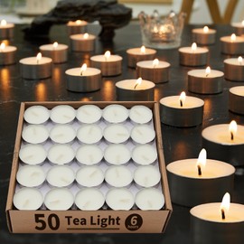 Ashlux Unscented Palm Tea Lights Candles 50 Pack Bulk, 6 to 7 Hours Long Burning White Tea Lights,Non-Paranffin, Smokeless, Mini Tealight Candles for Wedding, Table Centerpiece, Party, Power Outages