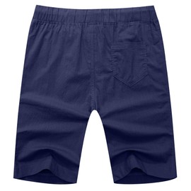 HORSSLE - Pantalones cortos de lino para hombre, estilo casual, cintura elástica, con cordón, para verano, playa, ajuste clásico, Azul marino, 3X-Large