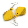 Diamond Shape Antique Yellow Painted Wood Drop Earrings - 60mm