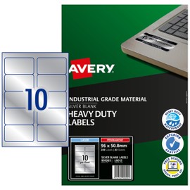 Avery L6012-20 Heavy Duty Weatherproof Labels (A4 Sheets of 96 x 50.8 mm, 10 Labels per Sheet, 20 Sheets) - Silver