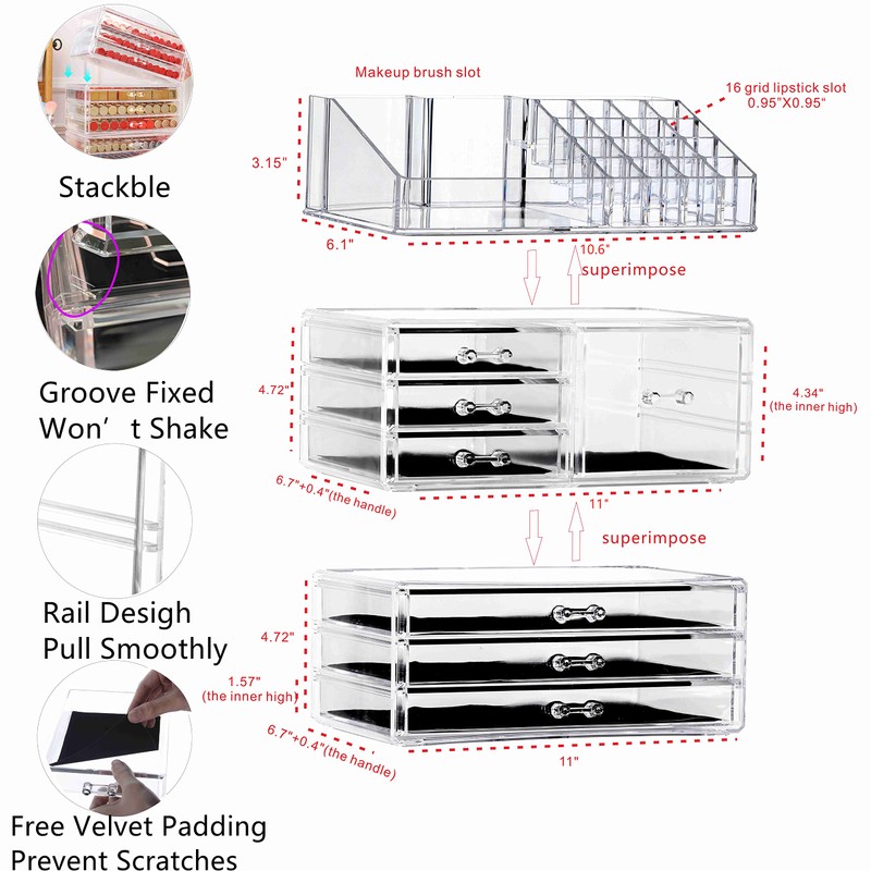 Cq acrylic 3 Pack Clear Make Up Organizers for Vanity,Stackable
