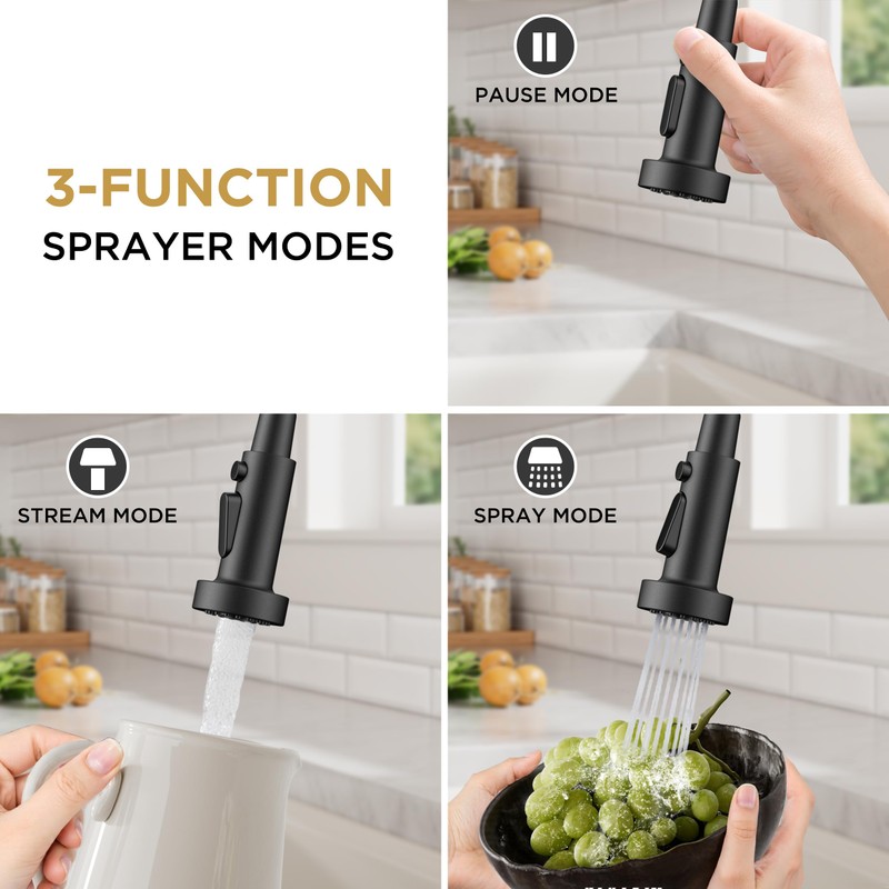 FORIOUS Black Kitchen Faucets with Sprayer, Stainless Steel Sink Faucet