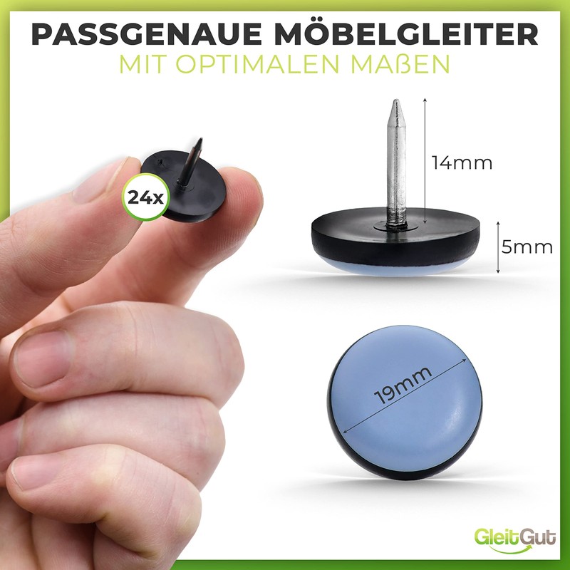 24 x PTFE furniture glider with nail - 19 mm
