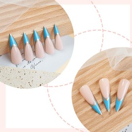 24pcs Blue French Tips Press On Nails Stiletto Fake Nails With Gold Design Long False Nails Full Cover Artificial Glossy Acrylic Glue On Nail Stick On Nail For Women