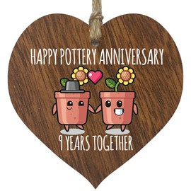 9th Wedding Anniversary Plaque Gift for Husband Wife - 9 Years Together - Happy Willow Anniversary Wooden Heart for Women Men Partner, Dark Wood Sign Keepsake Gifts