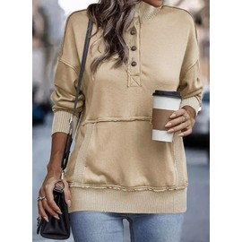 SHEWIN Womens Sweatshirt Casual Long Sleeve Lightweight Sweatshirts Loose Button V Neck Pullover Tops Fall Clothes for Women 2025,US 12-14(L),Khaki